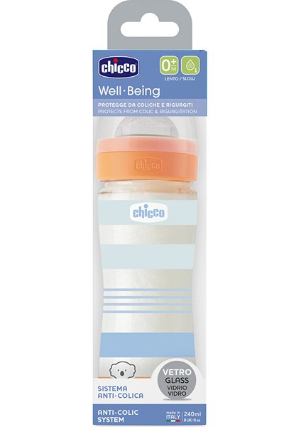 Wellbeing Yavaş Akış Mavi Cam Biberon 240 ml 0+ Ay