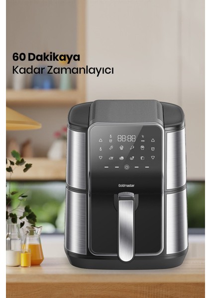 Gloria 7 Litre Inox Geniş Hazneli Xxl Dokunmatik 8 Ön Ayarlı Airfryer Sıcak Hava Fritözü GM8405