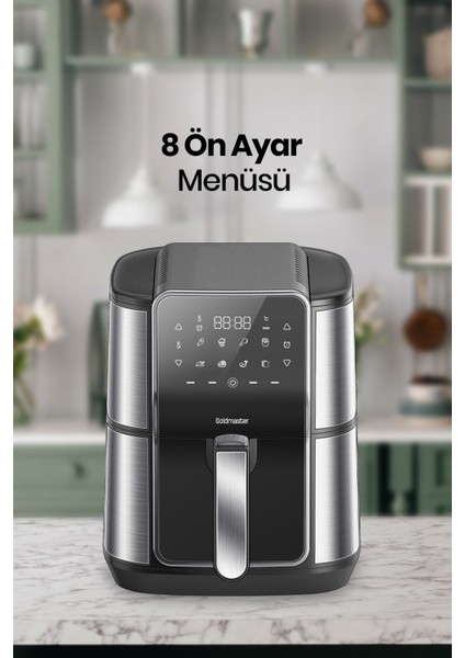 Gloria 7 Litre Inox Geniş Hazneli Xxl Dokunmatik 8 Ön Ayarlı Airfryer Sıcak Hava Fritözü GM8405