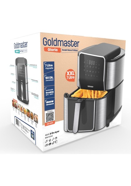 Gloria 7 Litre Inox Geniş Hazneli Xxl Dokunmatik 8 Ön Ayarlı Airfryer Sıcak Hava Fritözü GM8405