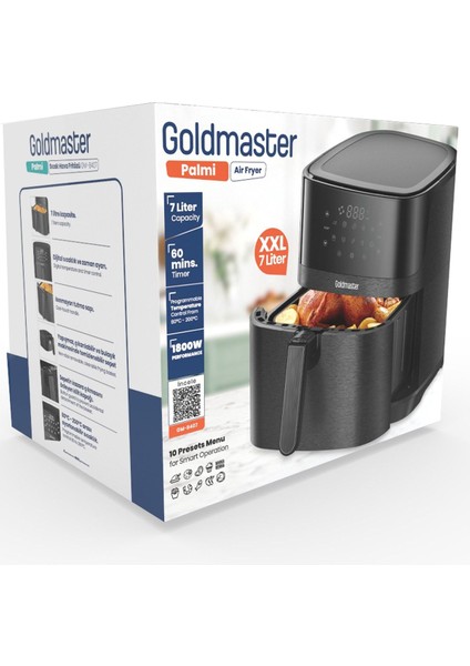 Palmi Sıcak Tutma Özellikli 7 Litre Geniş Xxl Dokunmatik 10 Ön Ayarlı Airfryer Sıcak Hava Fritözü
