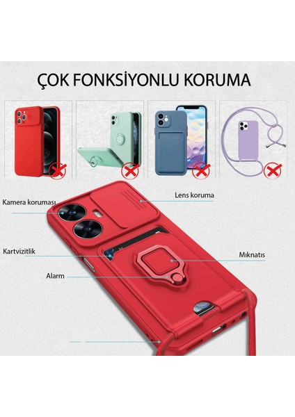 Realme C55 Kılıf Ipli Lens Sürgülü Kartvizitli Yüzüklü Silikon Zuma