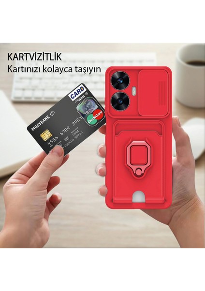 Realme C55 Kılıf Ipli Lens Sürgülü Kartvizitli Yüzüklü Silikon Zuma