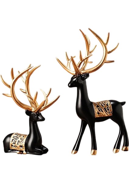 2pcs Modern Ren Geyiği Heykelleri Elk Çift Heykel Dolabı Dekorasyonu Siyah Altın (Yurt Dışından)