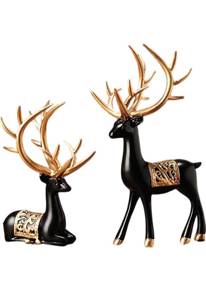 2pcs Modern Ren Geyiği Heykelleri Elk Çift Heykel Dolabı Dekorasyonu Siyah Altın (Yurt Dışından)
