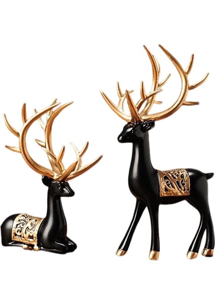 2pcs Modern Ren Geyiği Heykelleri Elk Çift Heykel Dolabı Dekorasyonu Siyah Altın (Yurt Dışından)