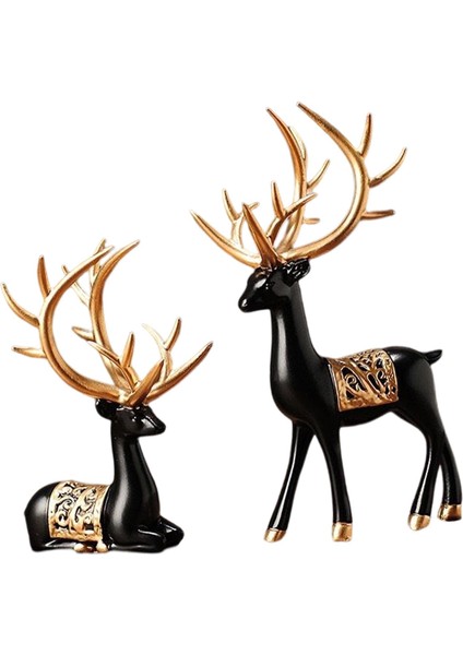 2pcs Modern Ren Geyiği Heykelleri Elk Çift Heykel Dolabı Dekorasyonu Siyah Altın (Yurt Dışından)
