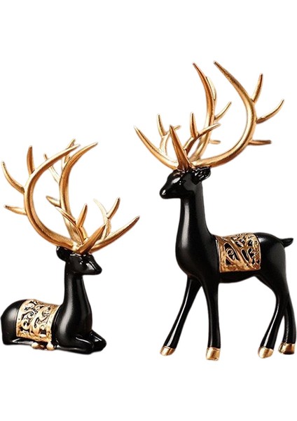2pcs Modern Ren Geyiği Heykelleri Elk Çift Heykel Dolabı Dekorasyonu Siyah Altın (Yurt Dışından)