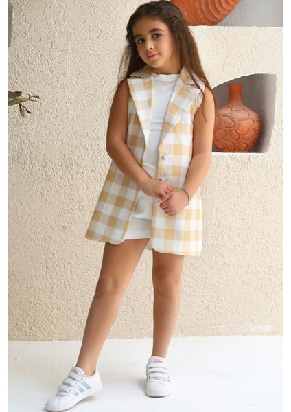 Kız Çocuk Halter Yaka Ekose Baskılı Düğme Detaylı Hardal Şortlu Takım