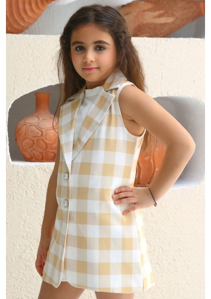 Kız Çocuk Halter Yaka Ekose Baskılı Düğme Detaylı Hardal Şortlu Takım fiyatları