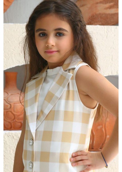 Kız Çocuk Halter Yaka Ekose Baskılı Düğme Detaylı Hardal Şortlu Takım fırsatları