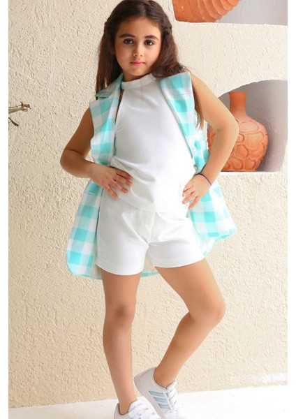 Kız Çocuk Halter Yaka Ekose Baskılı Düğme Detaylı Su Yeşili Şortlu Takım