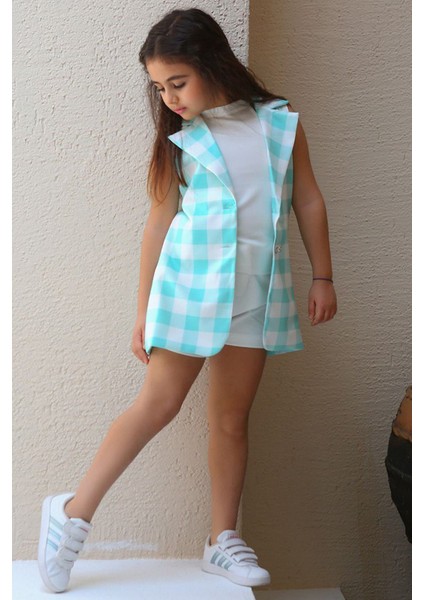 Kız Çocuk Halter Yaka Ekose Baskılı Düğme Detaylı Su Yeşili Şortlu Takım fiyatları