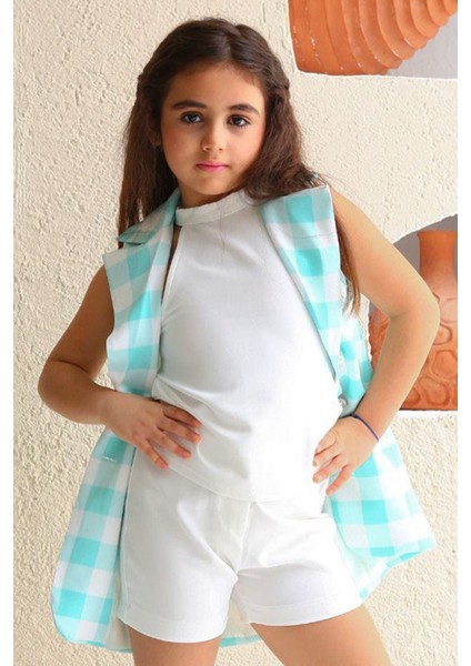 Kız Çocuk Halter Yaka Ekose Baskılı Düğme Detaylı Su Yeşili Şortlu Takım modelleri