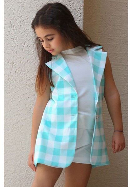 Kız Çocuk Halter Yaka Ekose Baskılı Düğme Detaylı Su Yeşili Şortlu Takım fırsatları