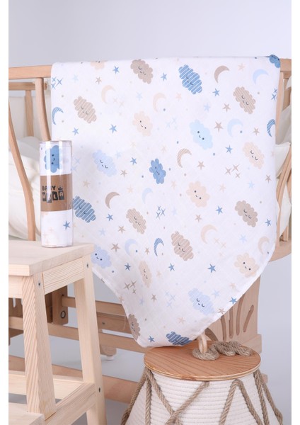 Babyhola Müslin Örtü 80X80CM Bulut Desen Organik Hediyelik Emzirme Alt Açma Yenidoğan Puset Örtüsü