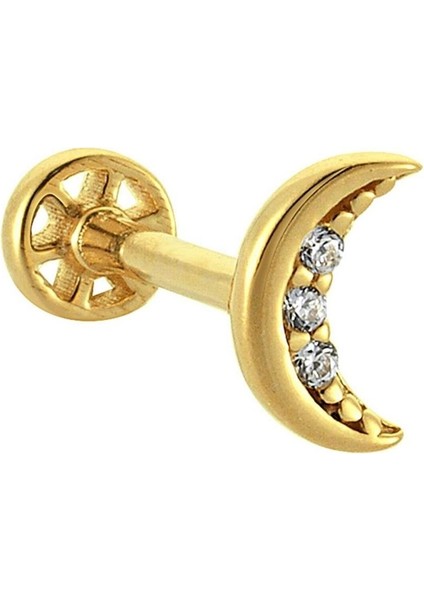 Taşlı Ay Altın Tragus Piercing 14 Ayar Sarı