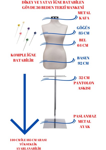 36 Beden Full Iğne Batabilen Terzi Mankeni Prova Mankeni Vitrin Mankeni