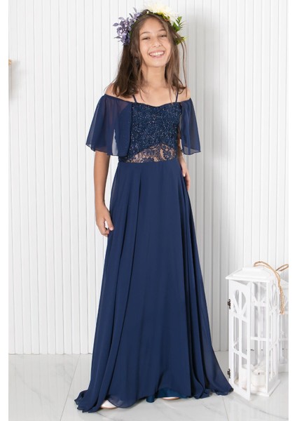 9-14 Yaş Dantelli Şifon Abiye Lacivert MDV330