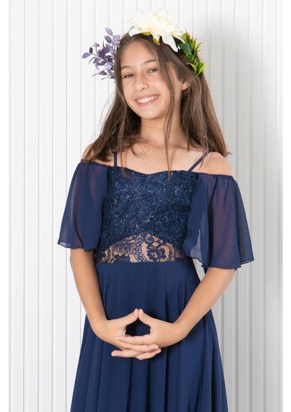 9-14 Yaş Dantelli Şifon Abiye Lacivert MDV330 fiyatları