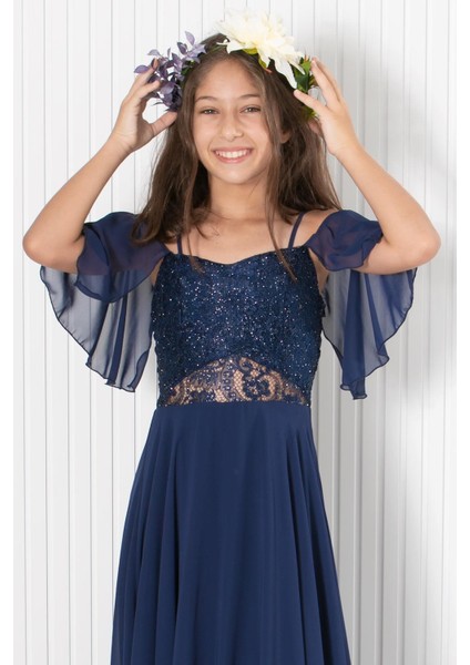 9-14 Yaş Dantelli Şifon Abiye Lacivert MDV330 modelleri