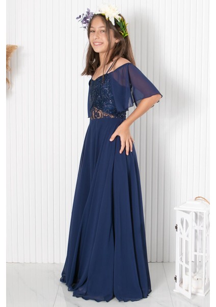 9-14 Yaş Dantelli Şifon Abiye Lacivert MDV330 fırsatları