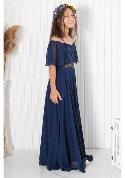 9-14 Yaş Dantelli Şifon Abiye Lacivert MDV330 indirimleri