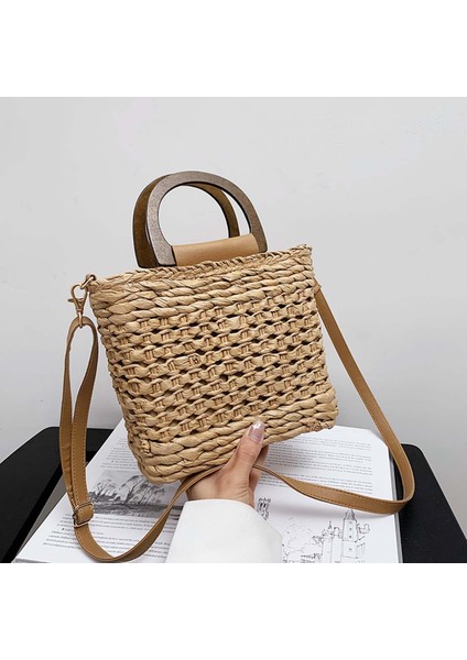 Kadınlar Straw Dokuma Tote El Yapımı Çanta Gündelik Çantalar Üst Saplı Çukur Çizgisi Haki (Yurt Dışından) fiyatları