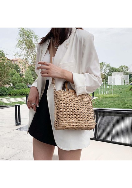 Kadınlar Straw Dokuma Tote El Yapımı Çanta Gündelik Çantalar Üst Saplı Çukur Çizgisi Haki (Yurt Dışından) fırsatları