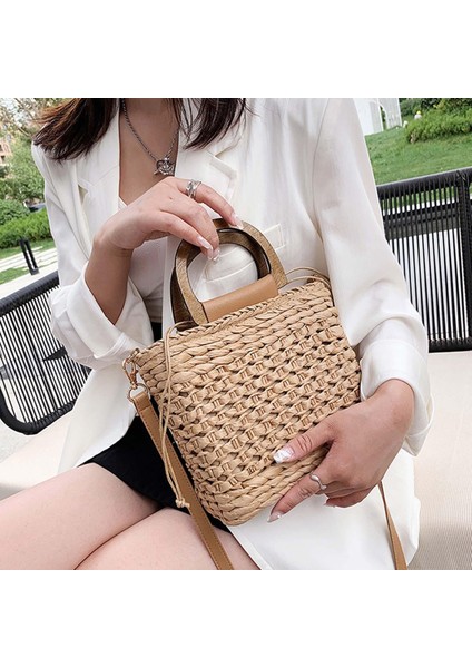 Kadınlar Straw Dokuma Tote El Yapımı Çanta Gündelik Çantalar Üst Saplı Çukur Çizgisi Haki (Yurt Dışından) indirimleri