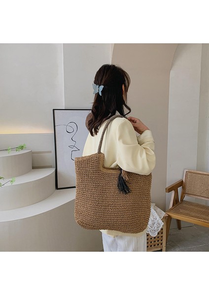 Moda Saman Dokuma El Çantası Büyük Kapasiteli Plaj Çantaları Cüzdanlar Üst Kol Tote (Yurt Dışından)