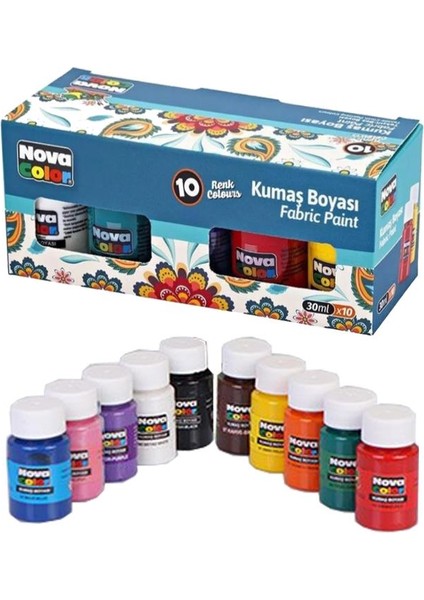 Nova Color Kumaş Boyası 10 Renk 30 ml 1 Paket Tişört Çanta Tekstil Boyası 10 Lu 30 ml Canlı Renkler