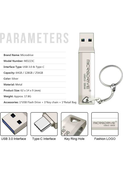 256GB.128GB.64GB.Type-C ve Usb 3.0 Hızlı Sağlam USB Flash Bellek Otg Çift Giriş Orjinal Metal