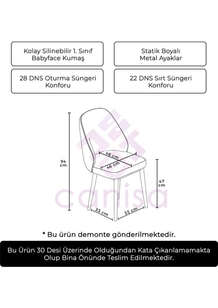Concept Tura Serisi 6 Adet Mutfak Sandalyesi Metal Kahve Ayaklı 1. Sınıf Babyface Kumaş