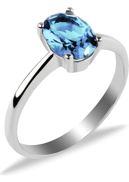 Swarovski Aqumarin Oval Tek Taş Bayan Gümüş Yüzük
