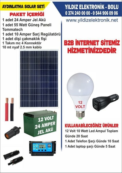 Solar Aydınlatma Seti- 55 Watt Panel - 24 Amper Jel Akü