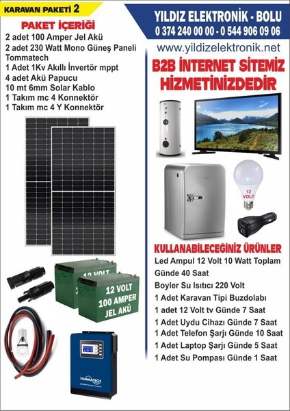 Solar Karavan Paketi 2- 460 Watt Panel - 200 Amper Jel Akü - 1000 Watt Tam Inverter