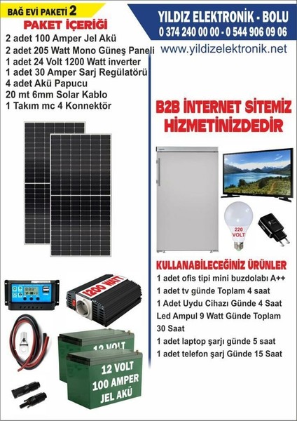 Solar Bağ Evi Paketi 2- 410 Watt Panel - 200 Amper Jel Akü - 1200 Watt Inverter