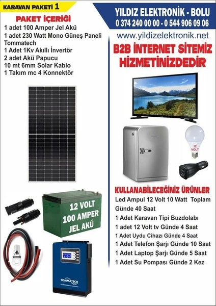 Solar Karavan Paketi 1- 230 Watt Panel - 100 Amper Jel Akü - 1000 Watt Tam Inverter