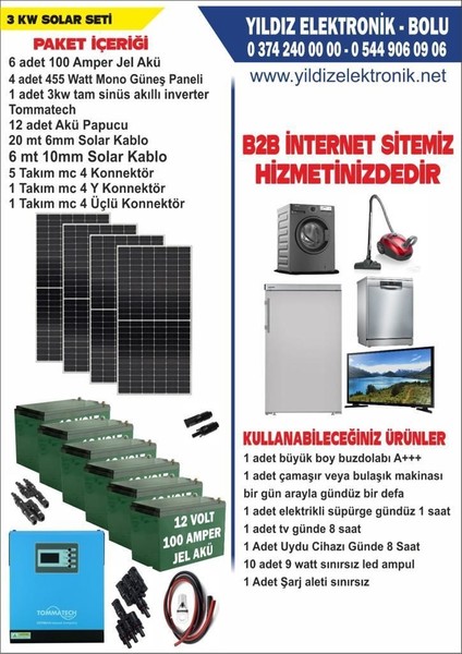 Solar 3 Kw Set- 1820 Watt Panel - 600 Amper Jel Akü - 3000 Watt Akıllı Tam Inverter