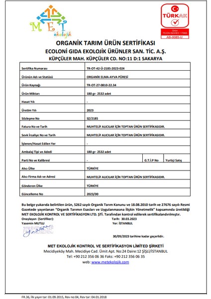 Organik Elma & Ayva Püresi 180 gr +6 Ay