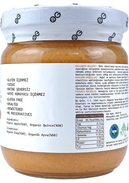 3'lü Organik Elma & Ayva Püresi 180 gr +6 Ay