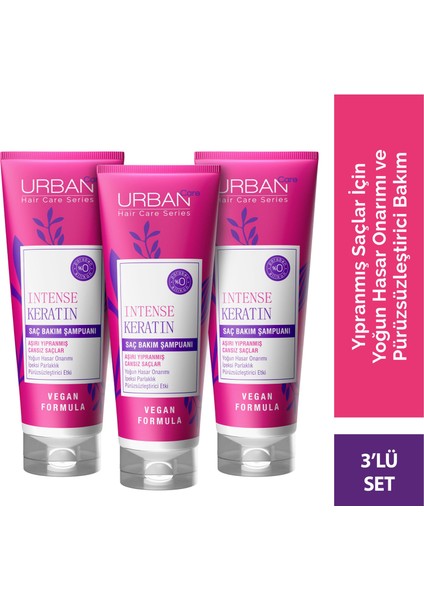 Intense Keratin Aşırı Yıpranmış Saçlara Özel Saç Bakım Şampuanı 250 ml x 3 - vegan