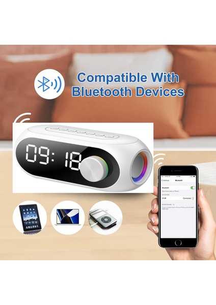 Sge Teknoloji Şarjlı Bluetootlu Radyolu Hoparlör Işıklı Alarm LCD Ekranlı Masa Saati Termometre