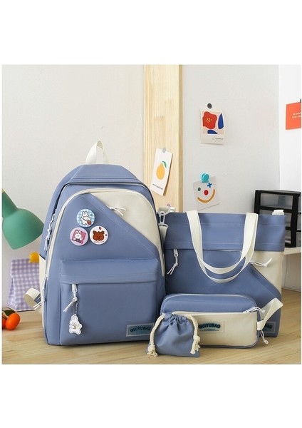 66 Shop 4 Parça Set Büyük Kapasiteli Sevimli Okul Sırt Çantası - Açık Mavi (Yurt Dışından)