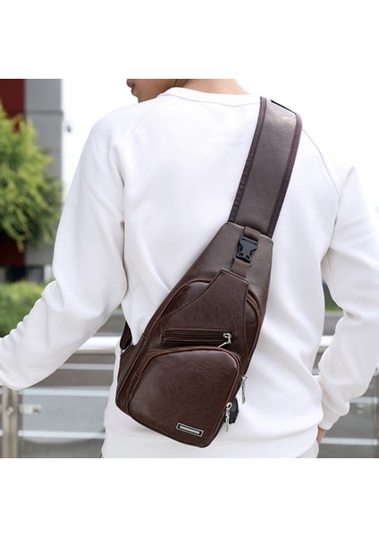 Su Geçirmez Pu Tek Omuz Erkekler Göğüs Çantası (Dark Brown) (Yurt Dışından)