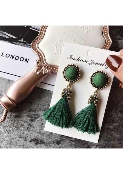 Women Fashion Vintage Vvet Ball Fringed Drop Earring (Green) (Yurt Dışından)