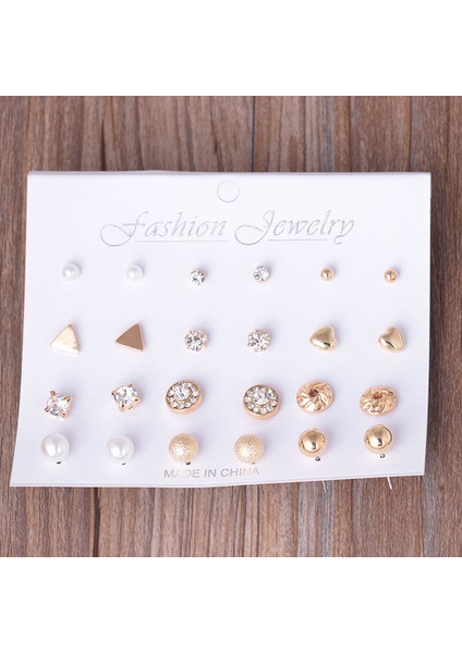 12 Pairs Üçgen Aşk-Kalp Inci Topu Küçük Küpe Seti (Gold) (Yurt Dışından)