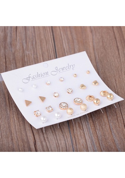 12 Pairs Üçgen Aşk-Kalp Inci Topu Küçük Küpe Seti (Gold) (Yurt Dışından)
