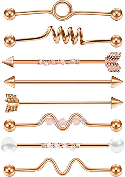 8x Endüstriyel Barbell Seti Vücut Takı Kadın 8 Pcs Gül Altın Küpe (Yurt Dışından)